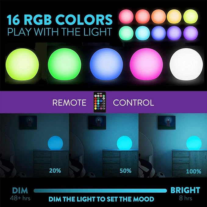 Mr.Go 14-inch LED Ball Light, Cordless Rechargeable Globe Lamp w/Remote, 16 RGB Color Changing Dimmable Mood Lamp, Waterproof Decorative Glow Orb Light for Home Outdoor Garden Patio Pool Party Decor