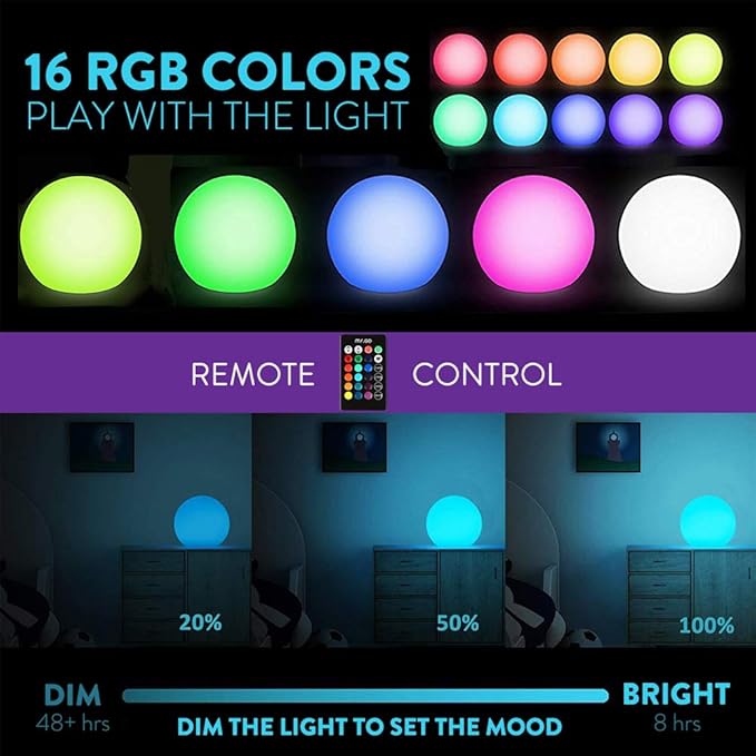Mr.Go 6-inch RGB Color-Changing LED Globe Orb Light w/Remote, Mood Lamp Kids Night Light, 16 Dimmable Colors & 4 Modes, Battery & AC Adapter Power, Home Bedroom Patio Pool Decorative Lighting