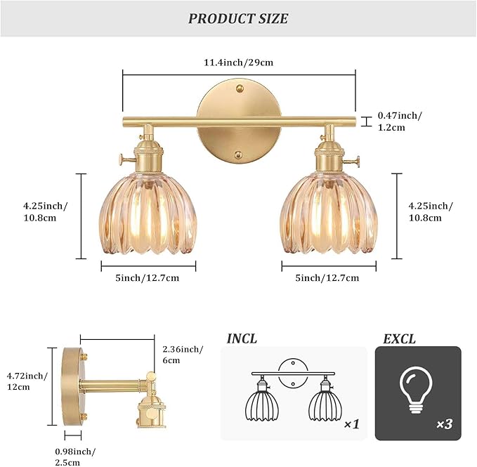 Bathroom Light Fixtures, 2-Light Brass Vanity Wall Light Over Mirror with Amber Tulip Glass Shade for Bedroom Living Room (Bulb Not Included)