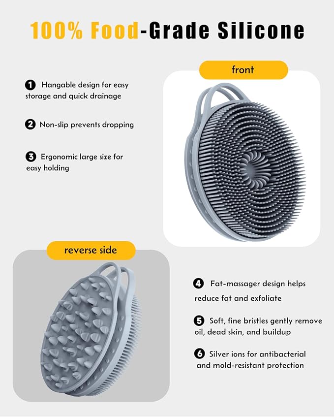 2 in 1 Silicone Body Scrubber, Anti Cellulite Massage Scrubber, Exfoliating Shower Brush for Men & Women, Removes Dead Skin, Reduces Cellulite, Improves Circulation, Fast Dry, Non Slip (1PC, Grey)