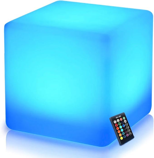 Mr.Go 16-Inch Rechargeable LED Cube Chair Light, 16 RGB Colors Glow Cube Seat w/Remote, Waterproof LED Cube Table, Color Changing Cubes Floor Lamp, Home Bedroom Patio Party Decorative Lighting