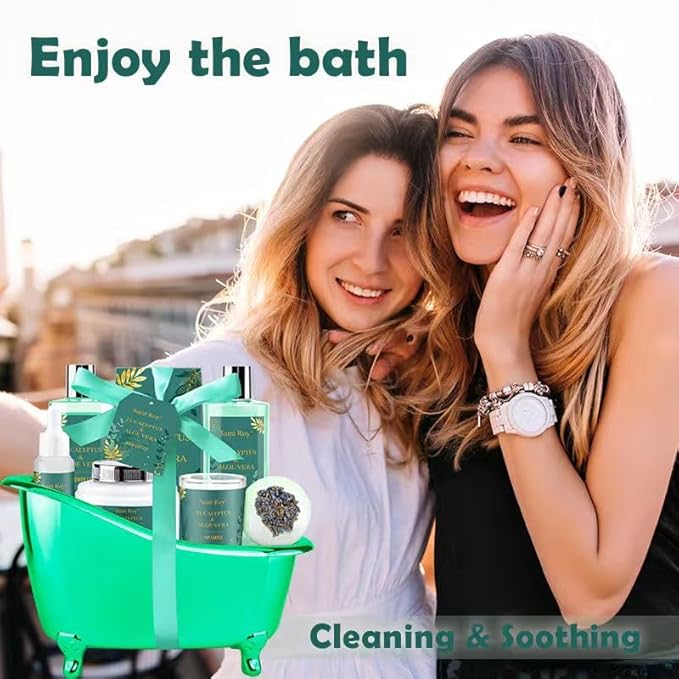 Spa Gift Basket Luxury bath and body Basket, Christmas Gifts for Women Her him, Bath Baskets for Women, 8 pcs Eucalyptus Aloe Spa shower gift, Birthday Gifts bath kit, Self Care Bath Gift Set