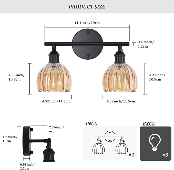 Bathroom Light Fixtures, 2-Light Black Vanity Wall Light Over Mirror with Amber Tulip Glass Shade for Bedroom Living Room (Bulb Not Included)