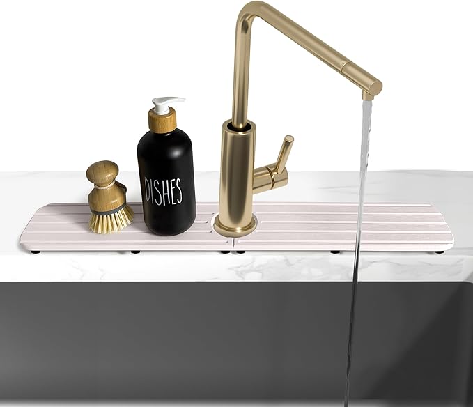 23.6inch x 4inch Kitchen Sink Faucet Mat, Water Absorbing Stone Faucet Splash Guard for Bathroom Counter, Quick Drying Diatomite Tray for Kitchen Sink, White