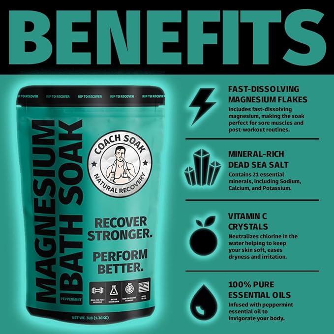 Coach Soak Recovery Bath Soak & Cream - Alternative to Epsom Salt Bath Soak - Fast-Absorbing Pure Magnesium Flakes with 21 Minerals, Bath Salts & Essential Oils - 2 Pack - Cooling Peppermint