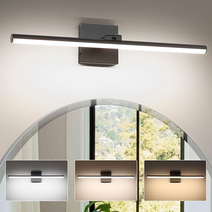 24 Inch LED Bathroom Vanity Light (3000K/4000K/6000K, Dimmable), Black Modern Bathroom Light Fixture Over Mirror, Vanity Light Bar for Bathroom with Angle Adjustable