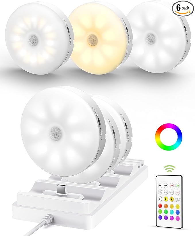EZVALO Under Cabinet Lighting with Charging Station,1000mAh Rechargeable Puck Lights with Remote, 3 Color Temps & 12 RGB Closet Lights, Dimmable Motion Sensor Lights for Shelf, Kitchen (6 Packs)