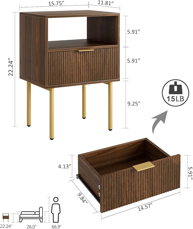 Masupu Night Stand,Mid-Century Modern Bedside Table with Storage Drawer and Open Wood Shelf,Small Gold Frame Side Table for Bedroom,Living Room, Walnut