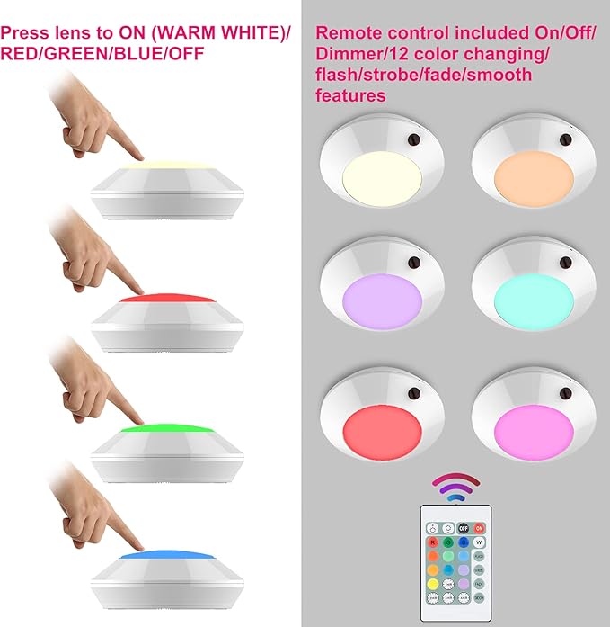 BIGLIGHT Wireless Ceiling Light Battery Operated, Color Changing Shower Lights with Remote, RGB LED Night Light for Hallway Shed Closet Corridor Laundry Bedroom Bathroom Mood Lighting, 5 Inch