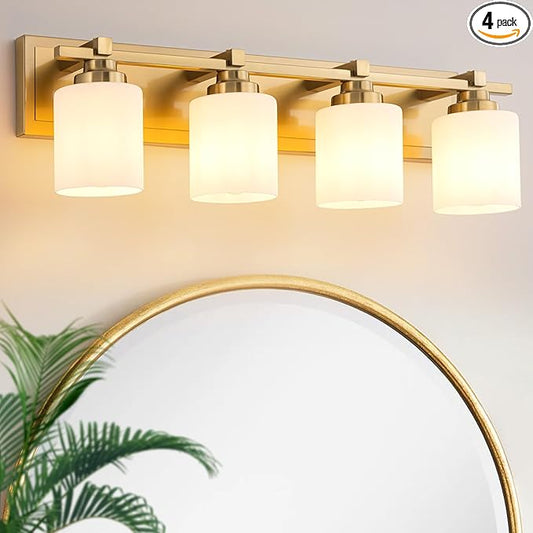4 Light Modern Bathroom Light Fixtures Over Mirror, Brass Finish Vanity Lights for Bathroom Wall Sconces with Milky White Glass Shades, E26 Socket (Bulbs Not Included)