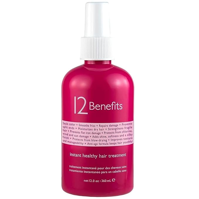 12 Benefits Instant Healthy Hair Treatment - Leave In Conditioner Spray with Quaternium 39 and Silk Fibre Protein - Smooths Frizz, Strengthens & Repairs Damaged Hair - (12 Fl Oz)