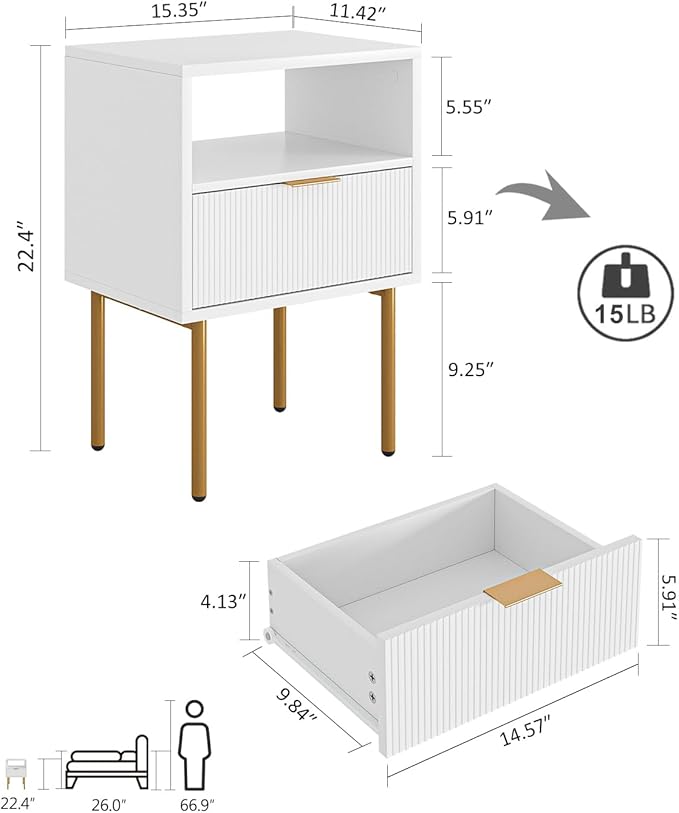 Masupu Nightstand,Mid-Century Modern Bedside Table with Storage Drawer and Open Wood Shelf,Small Gold Frame Side Table for Bedroom,Living Room,White