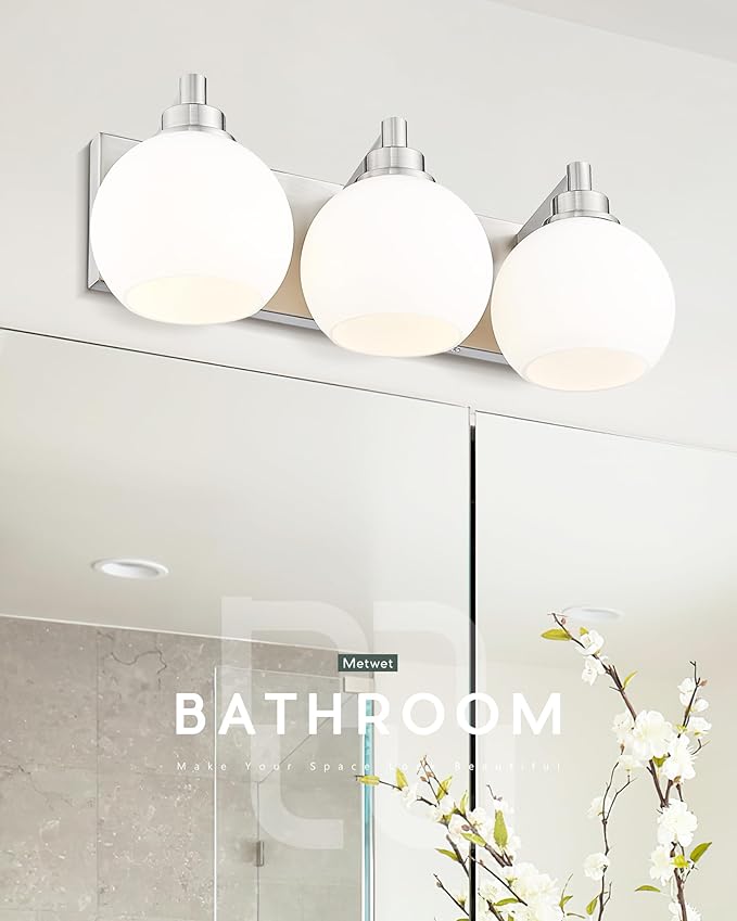 Bathroom Light Fixtures, 3-Light Brushed Nickel Vanity Light, Modern Wall Sconces with Milk White Globe Glass Shade, Vanity Lighting Fixtures Over Mirror, VL195-BN-ML-3