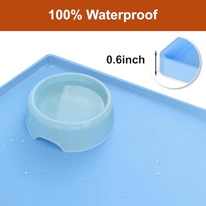 19” x 12” Heavy Duty Waterproof Silicone Mat with Raised Edge, BPA Free Non-Slip Dog & Cat Food Mat, Feeding Mat for Food and Water Bowls, Spill Proof Mat to Protect Floors, Blue