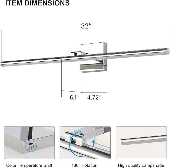 32 Inch LED Bathroom Vanity Light (3000K/4000K/6000K, Dimmable), Chrome Modern Bathroom Light Fixture Over Mirror, Vanity Light Bar with Angle Adjustable