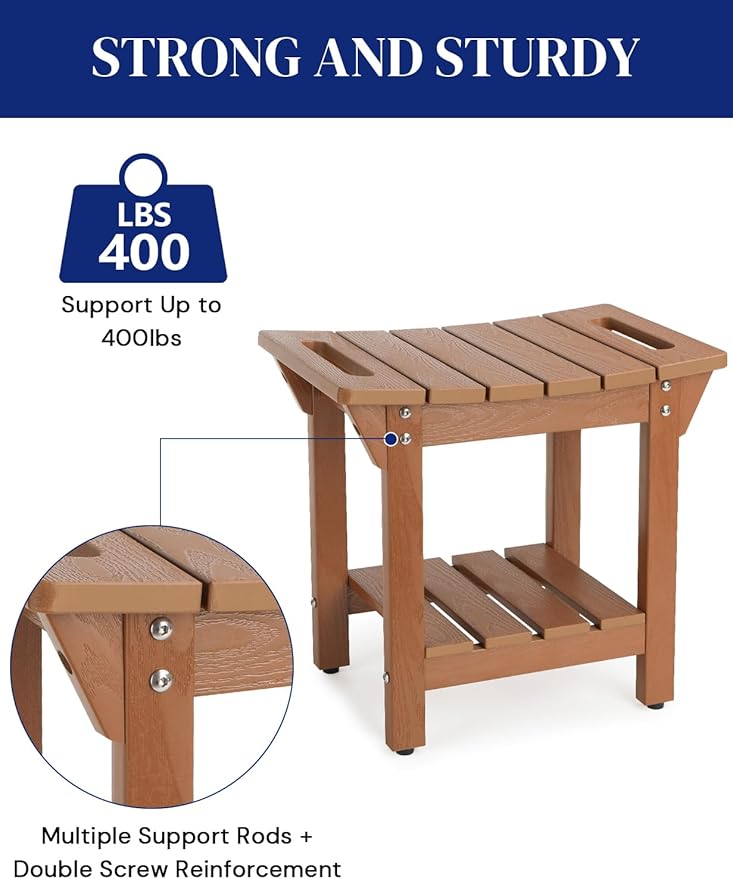 Waterproof Shower Bench, Poly Lumber Shower Stool for Shaving Legs, Shower Chair Seat with Storage Shelf and Handles, Bathroom Bench for Inside Shower, Non-Slip (Brown)