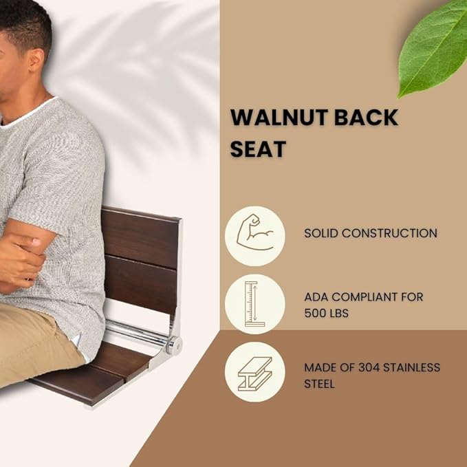 Folding Shower Seat Wall Mounted with Back | 500 lbs Maximum Load Capacity | ADA Compliant Safety Assist Teak Shower Seat for Seniors, Handicapped, and Children | 304 Stainless Steel Frame | 26” x 16”