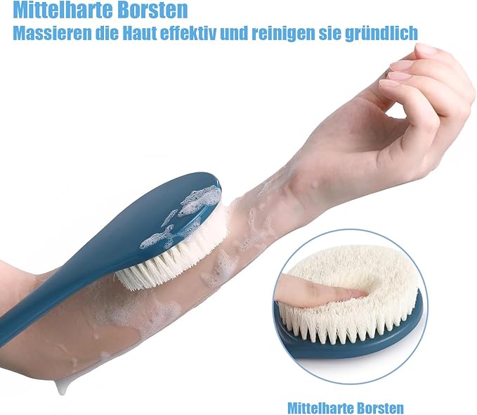 17-Inch Back Scrubber for Shower, Anti-Slip Exfoliating Body Brush for Bath, Gentle Back Brush for Shower for Men, and Women, Cleaning Skin for Smooth, Glowing Skin (Blue)