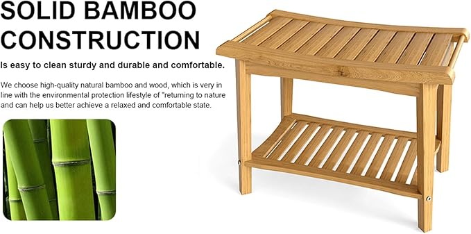 Bamboo Shower Bench with Storage Shelf, Waterproof Bath Stool for Bathroom, Spa Chair for Sitting, Shaving Legs, Elderly & Senior Safe, Heavy-Duty Bath Bench Chair, 23", 300 lbs Capacity (Wood Color)