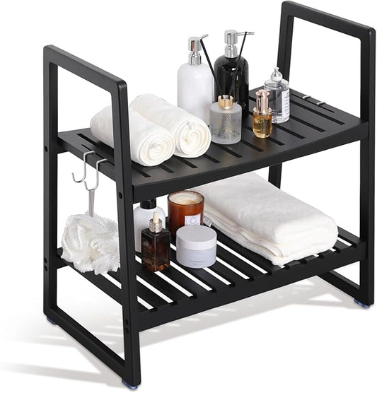 VVW 24.4 Inch Bamboo Shower Bench Seat Chair Stool with Arms for Inside Shower, Heavy Duty Spa Bath Chair with 2 Movable Hooks, Non-Slip Feet for Bathroom Accessories (Black L)