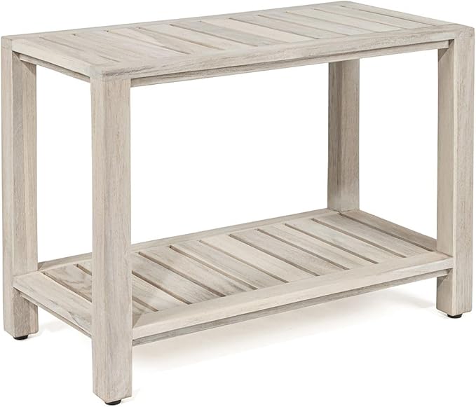 TeakCraft Gray Teak Shower Bench with Shelf 24 Inch for Bathroom, Spa - Fully Assembled, Shower Stool, Rustic Gray Finish, The Luni