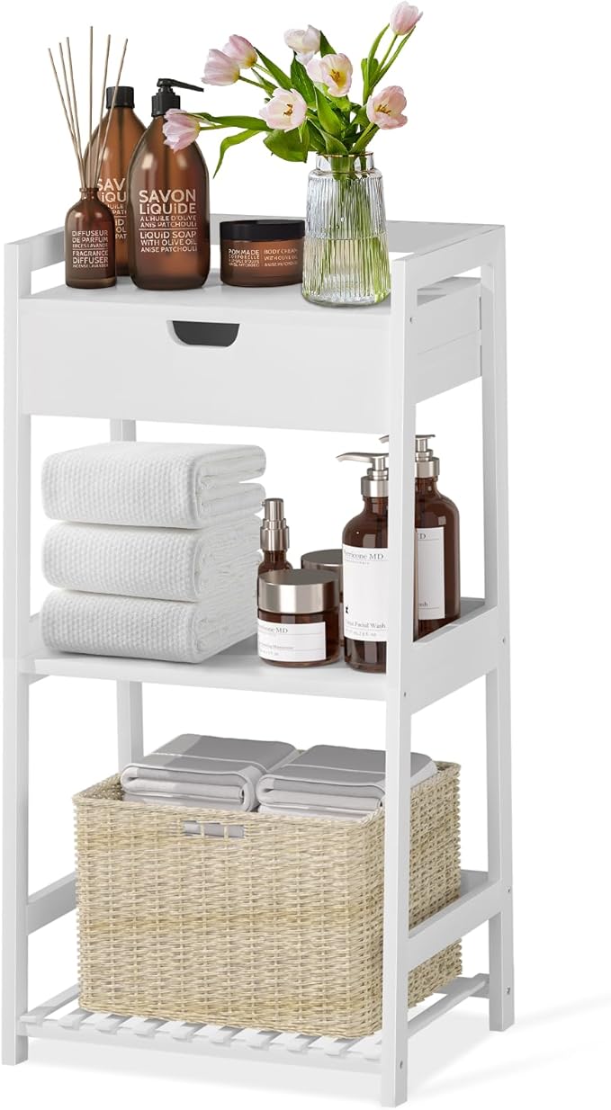 3 Tier Bamboo Bathroom Shelves with Drawer, Ladder Shelf for Bathroom Storage, Space-Saving Design, Stylish Display Nightstand, Stylish Storage Solution for Home, Living Room, Kitchen, Office