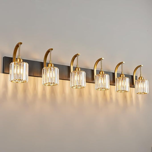 6-Light Crystal Vanity Light, Black Gold Modern Wall Sconce with K9 Crystal Shades, 51.18" Long Over Mirror Lighting for Bathroom, Makeup, Hallway, Elegant & Easy Install