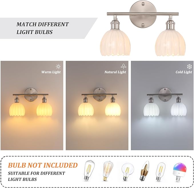 Bathroom Light Fixtures, 2-Light Vanity Wall Light Over Mirror with White Tulip Glass Shade for Bedroom Living Room (Bulb Not Included), Satin Nickel