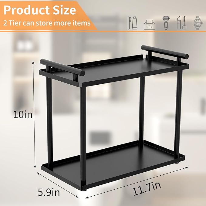2 Tier Bathroom Organizer Countertop, Bathroom Counter Organizer, Small Vanity Shelf Skin Care Countertop Organizers and Storage Makeup for Dresser, (Black)