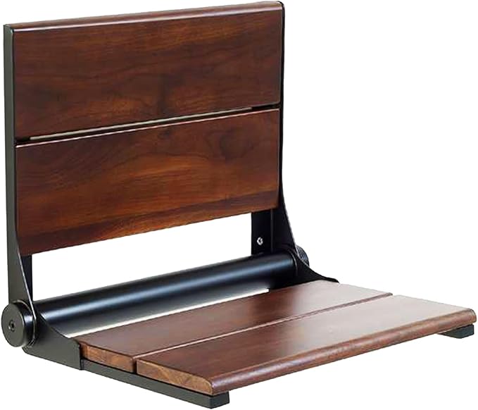Walnut Shower Seat - Contour Wood / Folding Wall Mount Bench for Inside Shower / ADA Safety Aid / 304 Stainless Steel / Matte Black / 26" x 16"