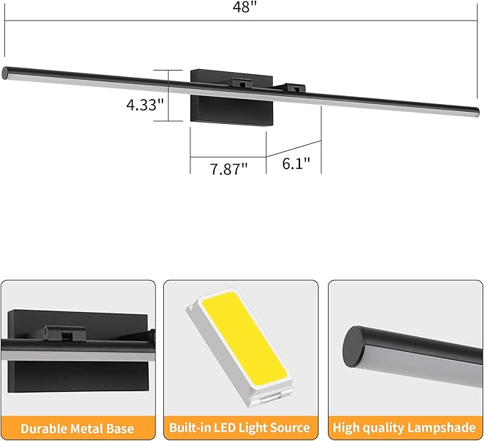 48 Inch LED Bathroom Vanity Light (Cool White 6000K), Black Modern Bathroom Light Fixture Over Mirror, Vanity Light Bar with Angle Adjustable
