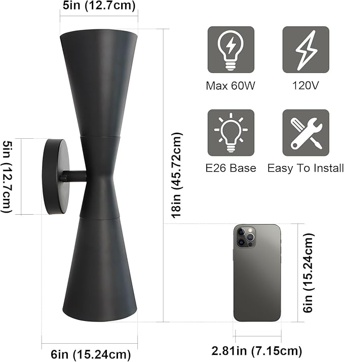 Modern Black Wall Sconces Set of 2, Up and Down Indoor Wall Sconces, Mid Century Indoor Wall Light Fixture, Hardwired Wall Mounted Lamp for Living Room, Bathroom, Bedroom, Hallway, 18 Inch