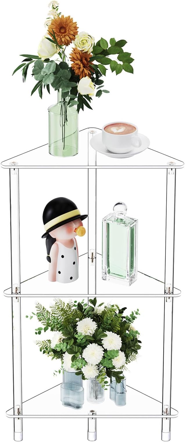 Clear Triangle Acrylic Side Table for Small Space, 11.81" L x 11.81" W x 26.7" H, 3-Tier Transparent Corner Shelf Stand End Table, Corner Storage Display Rack for Living Room Bedroom Bathroom