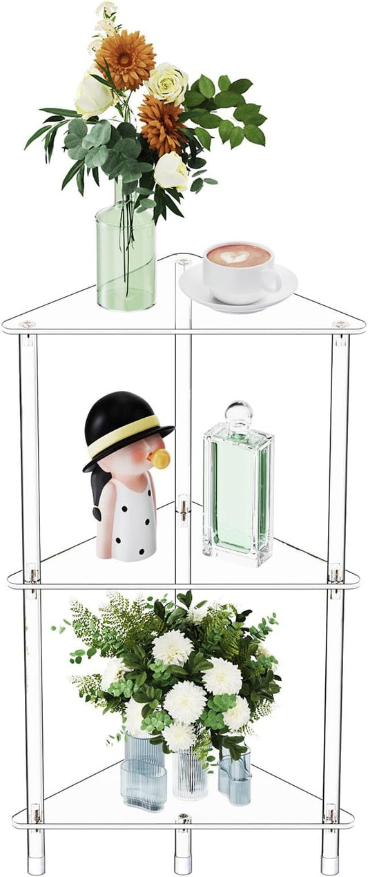 Clear Triangle Acrylic Side Table for Small Space, 11.81" L x 11.81" W x 26.7" H, 3-Tier Transparent Corner Shelf Stand End Table, Corner Storage Display Rack for Living Room Bedroom Bathroom