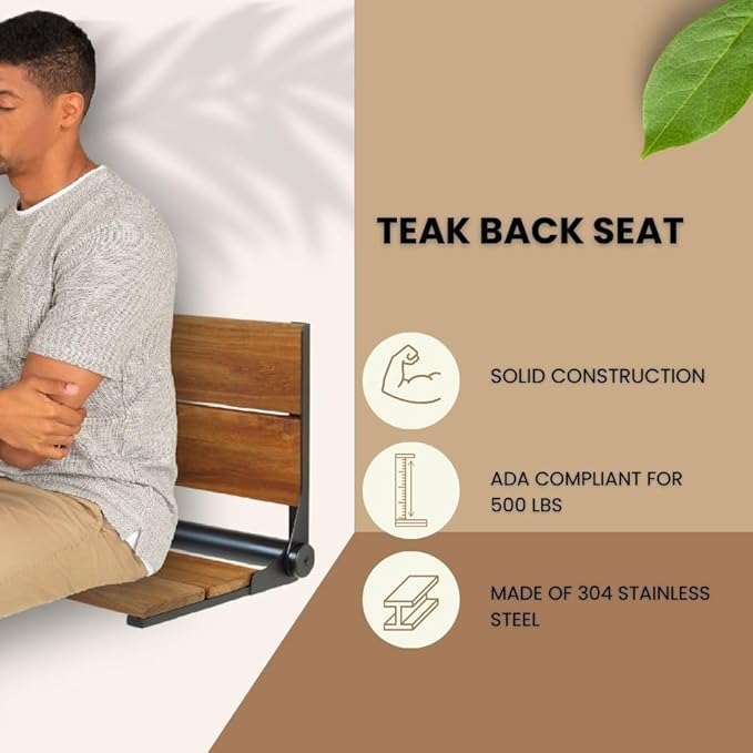 Teak Shower Seat - Type 304 Stainless Steel/Contoured 1" Natural Wood Slats/ADA Folding Wall Mount Bench/Matte Black / 18" x 16"