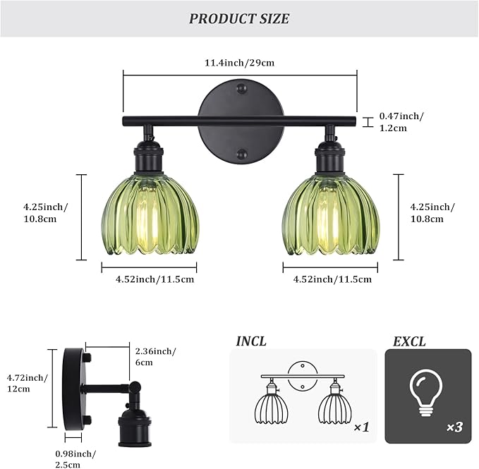 Bathroom Light Fixtures, 2-Light Black Vanity Wall Light Over Mirror with Green Tulip Glass Shade for Bedroom Living Room (Bulb Not Included)