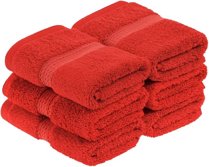 Superior Egyptian Cotton Pile Face Towel/Washcloth Set of 6, Ultra Soft Luxury Towels, Thick Plush Essentials, Absorbent Heavyweight, Guest Bath, Hotel, Spa, Home Bathroom, Shower Basics, Red