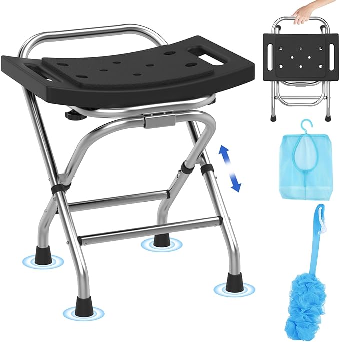 Meday Folding Shower Seat - Stainless Steel Shower Chair for Inside Shower - 420lbs Height Adjustable Foldable Shower Stool - Portable Travel Collapsible Bath Bench for Elderly