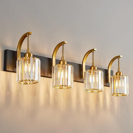 4-Light Crystal Vanity Light, Modern Black Gold Bathroom Wall Sconce with K9 Crystal Shades, 32.67" Long Over Mirror Lighting for Vanity, Makeup, Hallway, Elegant & Easy Install