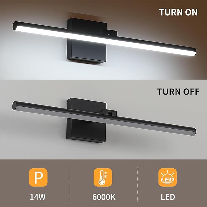 24 Inch LED Bathroom Vanity Light (Cool White 6000K), Black Modern Bathroom Light Fixture Over Mirror, Vanity Light Bar with Angle Adjustable