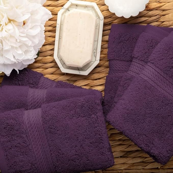 Superior Egyptian Cotton Pile Face Towel/Washcloth Set of 6, Ultra Soft Luxury Towels, Thick Plush Essentials, Absorbent Heavyweight, Guest Bath, Hotel, Spa, Home Bathroom, Shower Basics, Plum