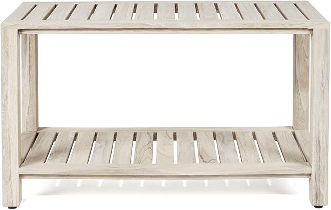 TeakCraft Teak Gray Shower Bench with Shelf 30 Inch for Bathroom, Spa - Fully Assembled, Shower Stool, Rustic Gray Finish The Ricina