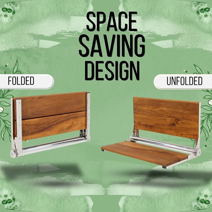 Folding Shower Seat Wall Mounted with Back | 500 lbs Maximum Load Capacity | ADA Compliant Safety Assist Teak Shower Seat for Seniors, Handicapped, and Children | 304 Stainless Steel Frame | 26” x 16”