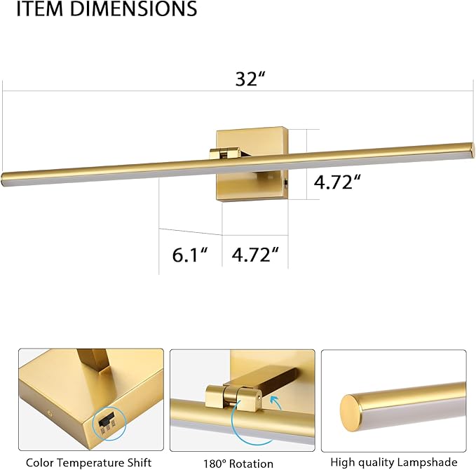 32 Inch LED Bathroom Vanity Light (3000K/4000K/6000K, Dimmable), Brass Modern Bathroom Light Fixture Over Mirror, Vanity Light Bar with Angle Adjustable