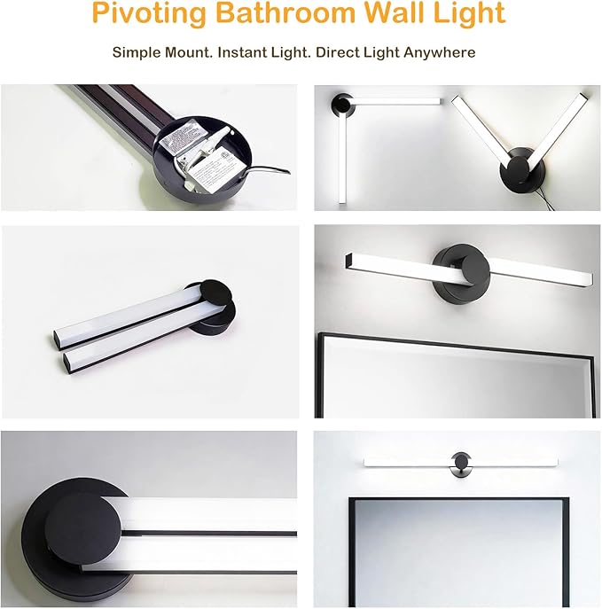 Bathroom Lighting Fixtures Over Mirror: 30 Inch Rotatable Bathroom Vanity Light ETL Listed - Modern Black Vanity Lighting Fixtures 5700K Cool White 3000LM 36W IP44 - LED Vanity Light Dimmable(1 Pack)