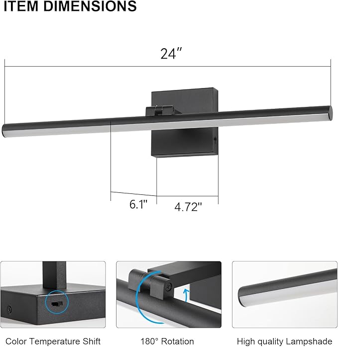 24 Inch LED Bathroom Vanity Light (3000K/4000K/6000K, Dimmable), Black Modern Bathroom Light Fixture Over Mirror, Vanity Light Bar for Bathroom with Angle Adjustable