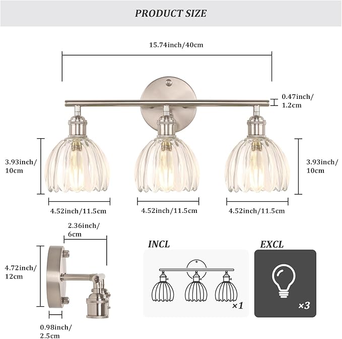 Bathroom Light Fixtures, 3-Light Vanity Wall Light Over Mirror with Clear Tulip Glass Shade for Bedroom Living Room (Bulb Not Included), Satin Nickel