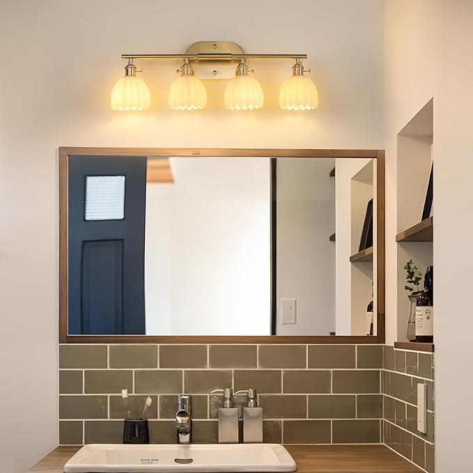 Bathroom Light Fixtures, 4-Light Brass Vanity Wall Light Over Mirror with White Tulip Glass Shade for Bedroom Living Room (Bulb Not Included)