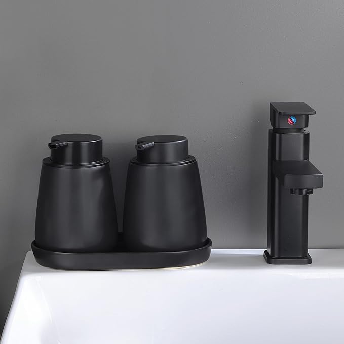 2 Pack Matte Black Round Soap Dispenser Tray - 8'' Ceramic Vanity Tray & Organizer Plate Set, Bathroom & Kitchen Countertop Decor for Soap Dispenser, Jewelry, Cosmetics, Sink