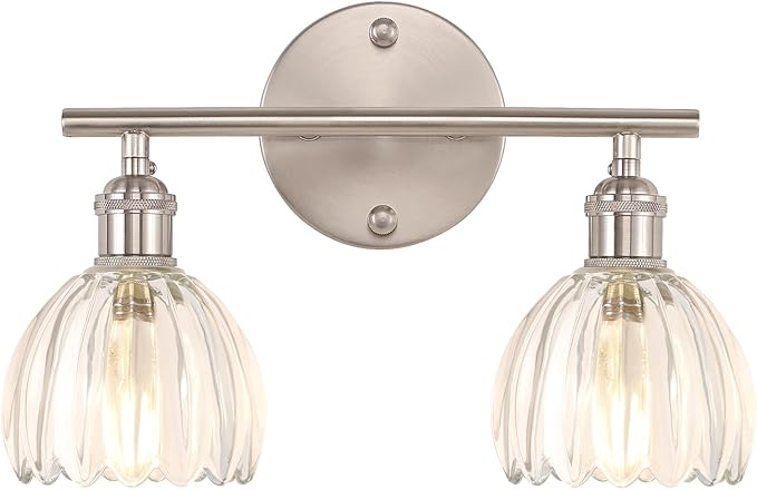 Bathroom Light Fixtures, 2-Light Vanity Wall Light Over Mirror with Clear Tulip Glass Shade for Bedroom Living Room (Bulb Not Included), Satin Nickel